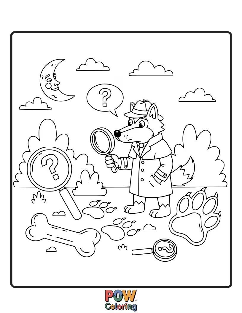 Free coloring page of A sharp-eyed wolf in a trench coat examines paw print clues with a magnifying glass.