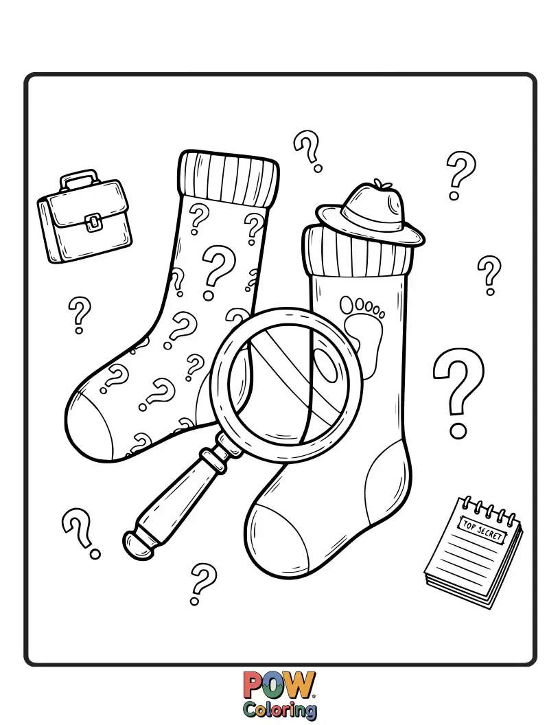 Free coloring page of Solve the mystery of coloring with these intriguing socks, featuring magnifying glasses, footprints, and question marks.