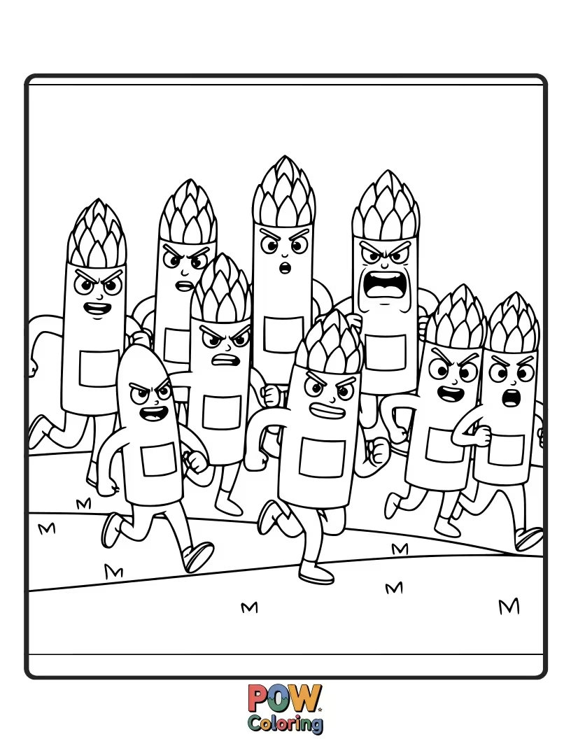 Free coloring page of Energetic asparagus spears racing towards the finish line, their green stalks full of competitive spirit.
