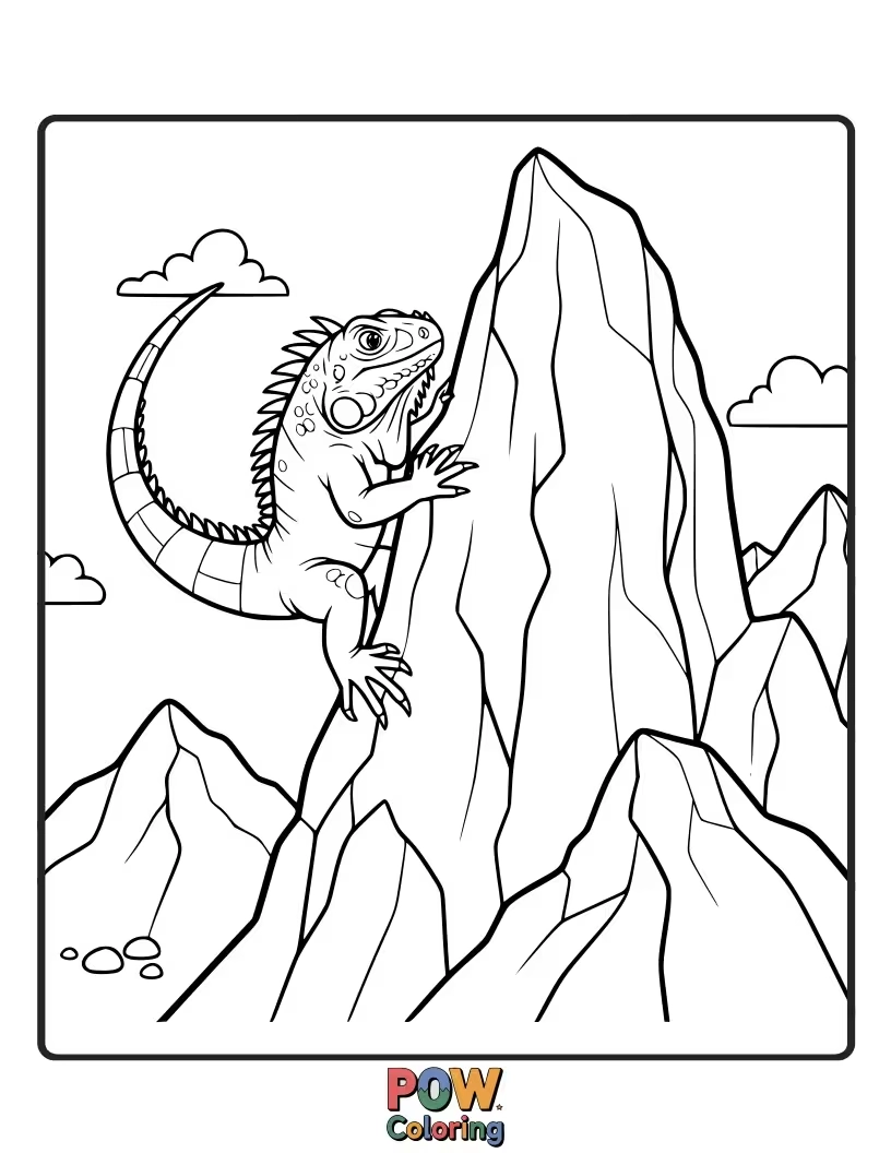 Free coloring page of A determined iguana bravely climbing a miniature mountain, reaching for a bright star.
