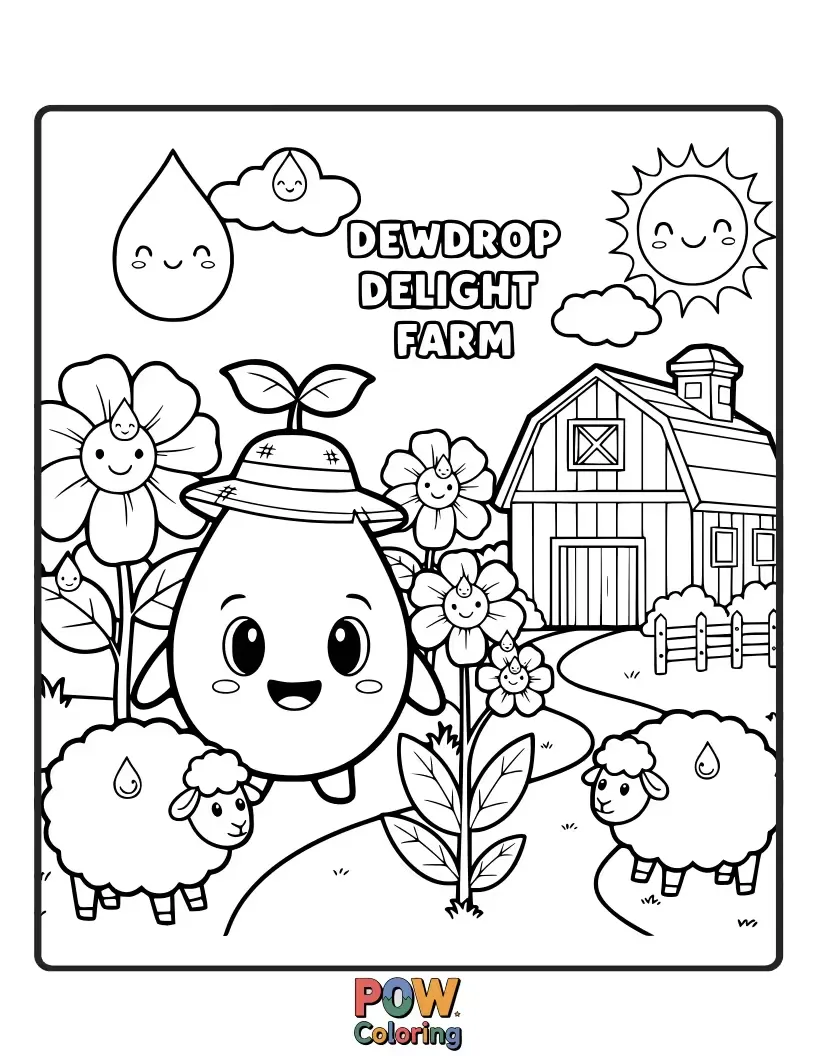 Free coloring page of Delicate dewdrops sparkling on farm flowers, with tiny creatures enjoying the morning.