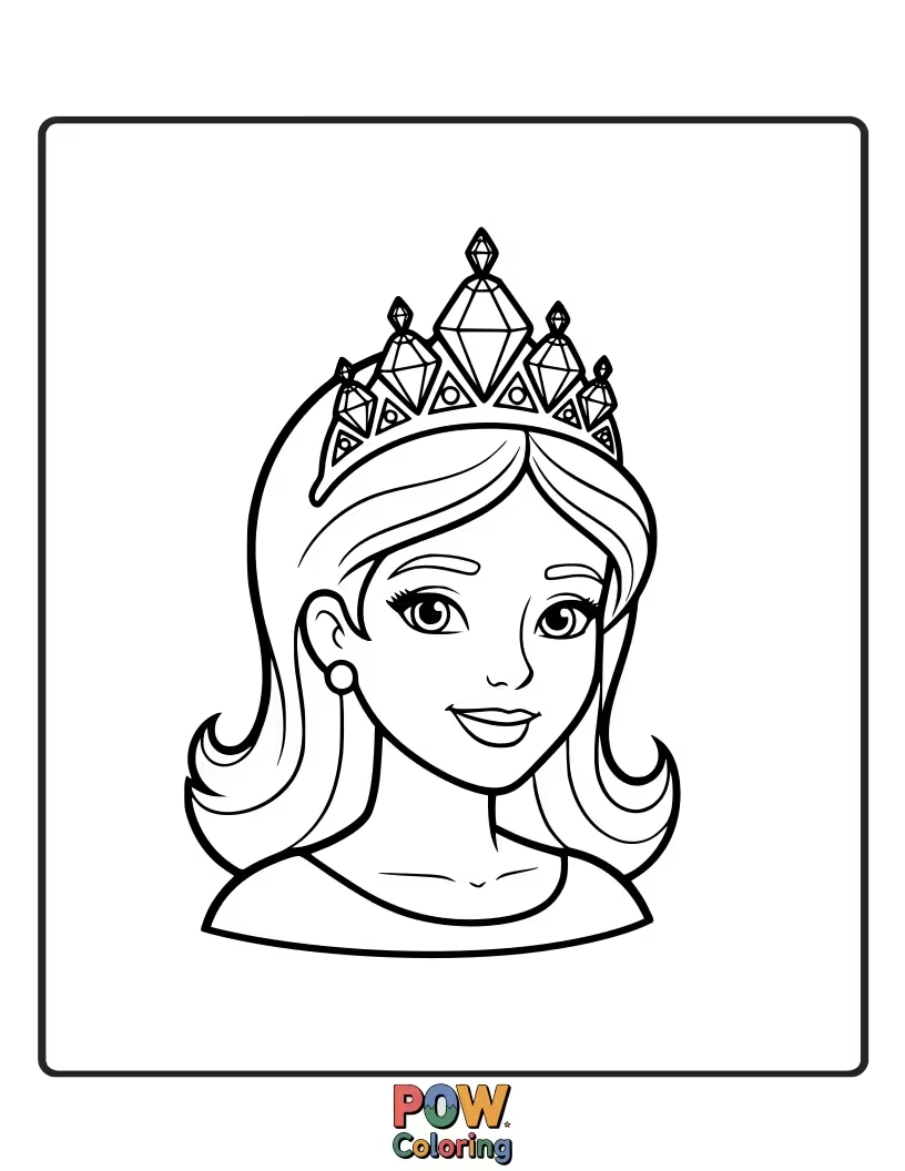Free coloring page of A glamorous princess wearing a stunning tiara encrusted with sparkling diamonds.