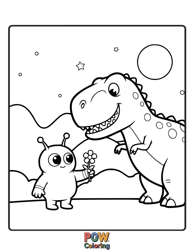 Free coloring page of An Ankylosaurus is looking curiously at a tiny, friendly UFO hovering nearby.