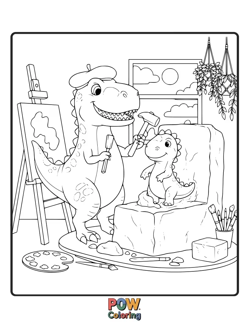 Free coloring page of A T-Rex is chipping away at a large block of stone to create a sculpture.