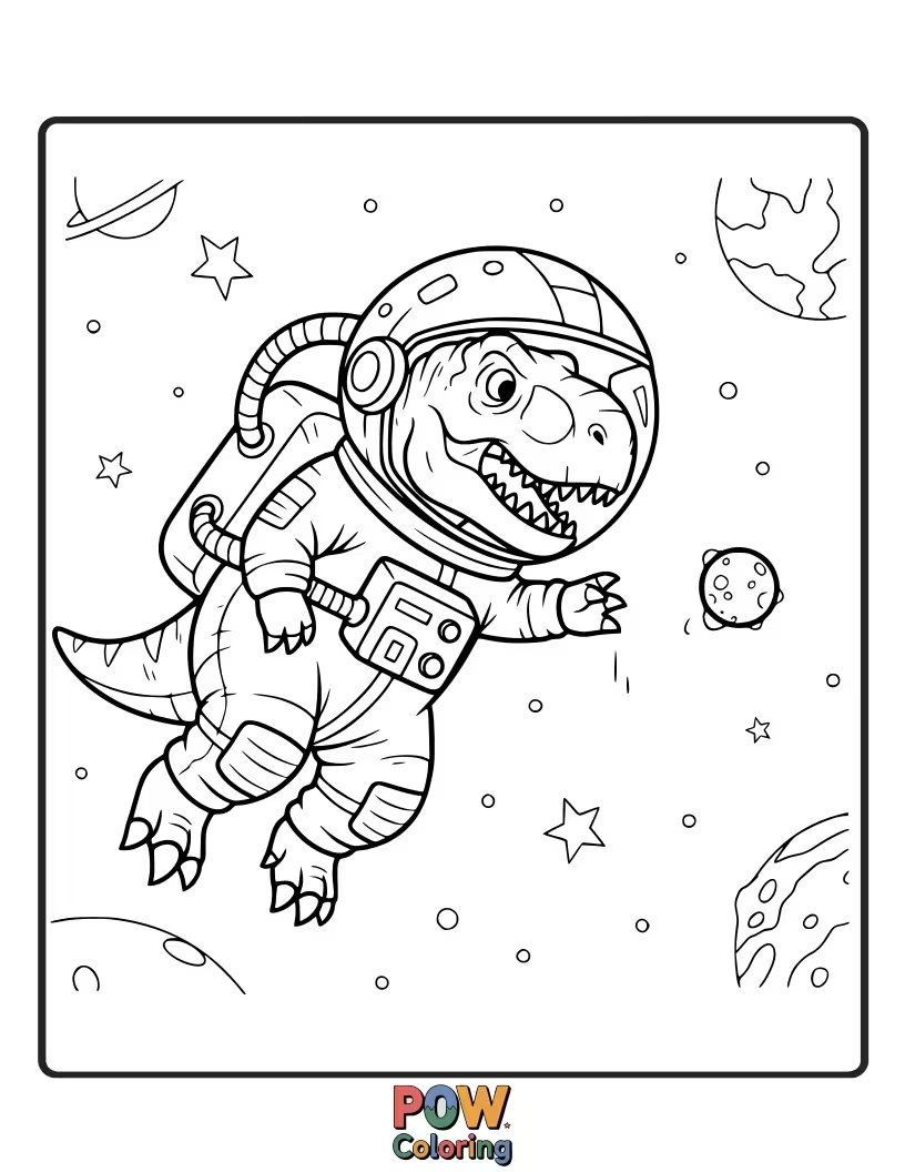 Free coloring page of A Velociraptor is floating upside down in space, a comical expression of surprise.