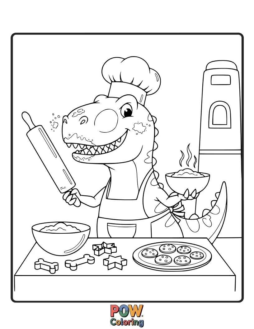 Free coloring page of A Parasaurolophus is kneading dough with a determined, flour-dusted face.