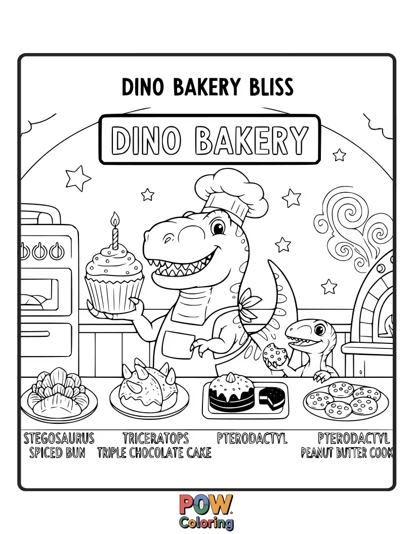 Free coloring page of A Brontosaurus is decorating a giant cake with swirls of frosting.