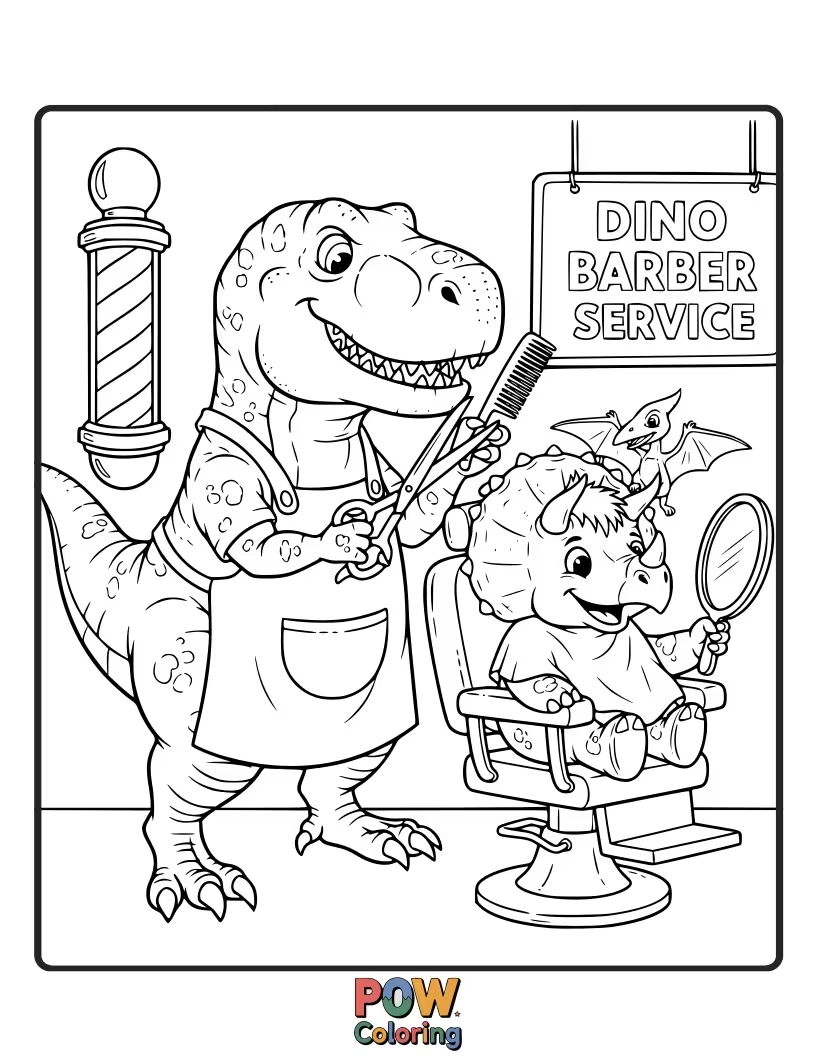 Free coloring page of A Brontosaurus is carefully trimming the tiny hair of a very patient dinosaur client.