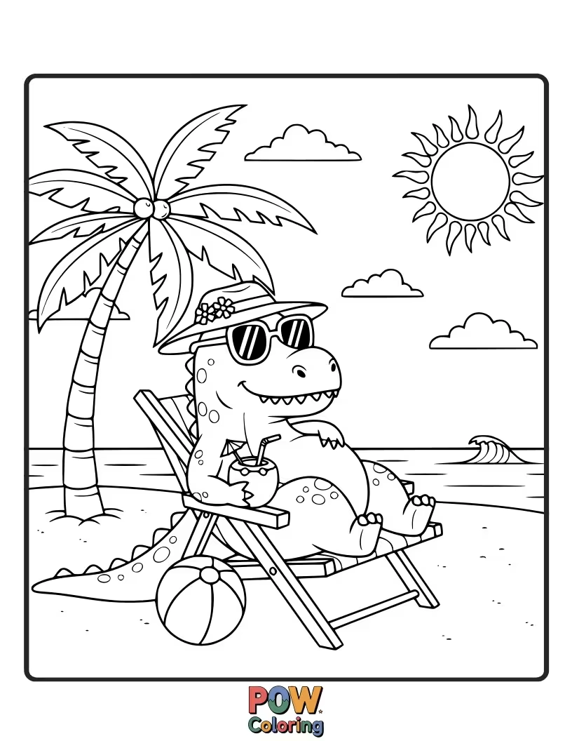 Free coloring page of This Brontosaurus is lounging on the beach, shades on, with a tiny umbrella drink.