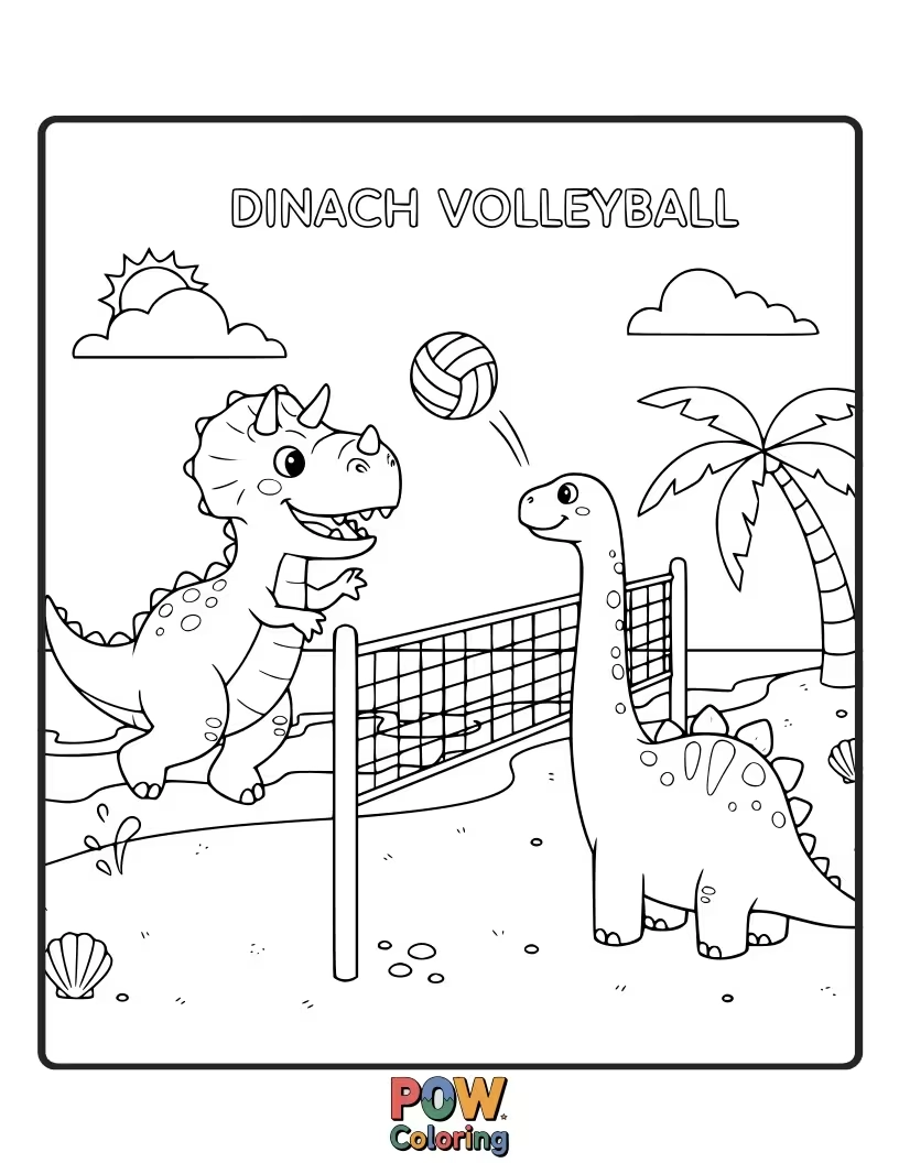 Free coloring page of A Stegosaurus is spiking a volleyball over the net with enthusiasm.