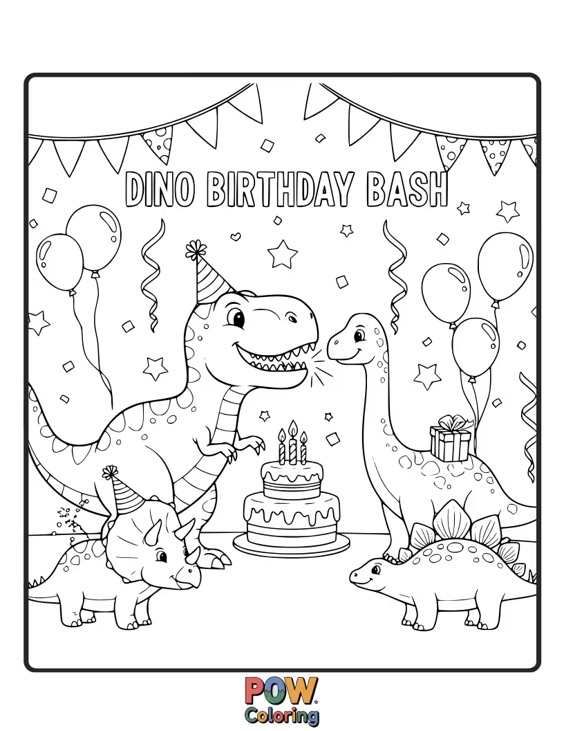 Free coloring page of A Brontosaurus is surrounded by balloons and presents, ready for a big celebration.