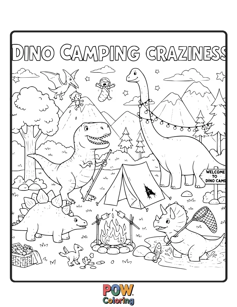 Free coloring page of A Parasaurolophus is attempting to set up a tent, but it's all tangled.
