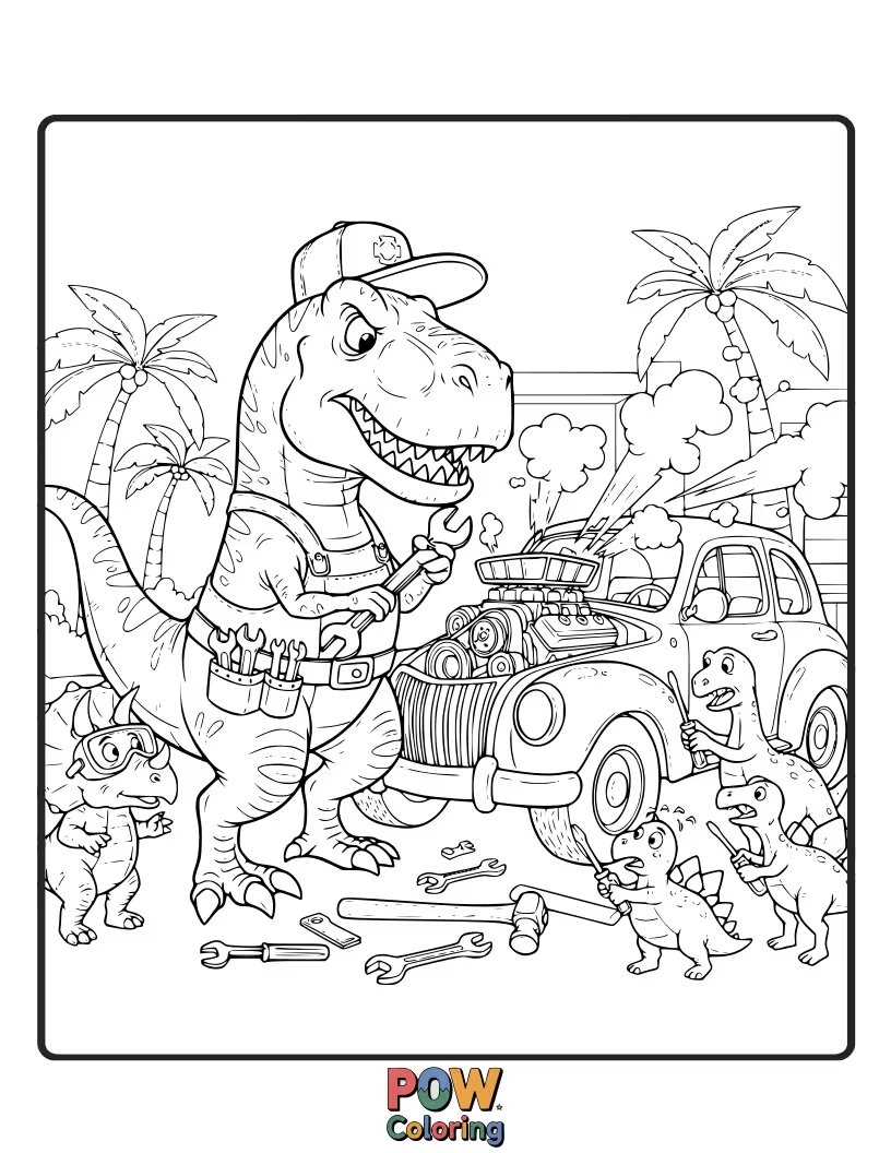 Free coloring page of A Triceratops is covered in grease, trying to fix a very wonky dinosaur car.