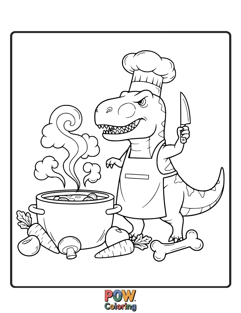 Free coloring page of A Pterodactyl is frantically cooking in a competitive kitchen setting.