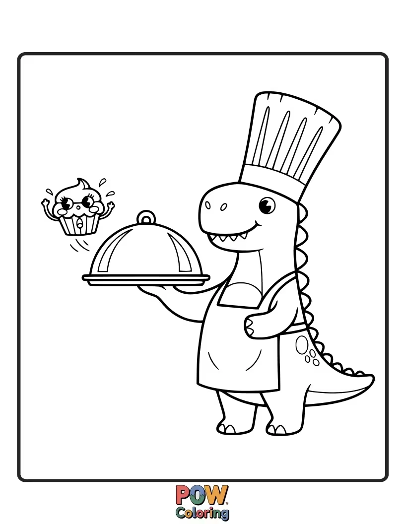 Free coloring page of A Triceratops is juggling spatulas and ingredients, creating a culinary masterpiece.