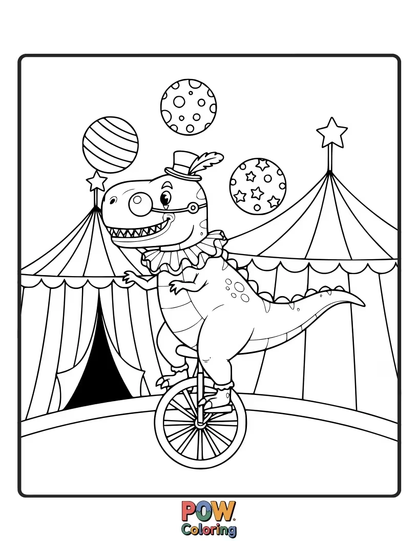 Free coloring page of A T-Rex is juggling colorful balls and wearing a funny clown nose.