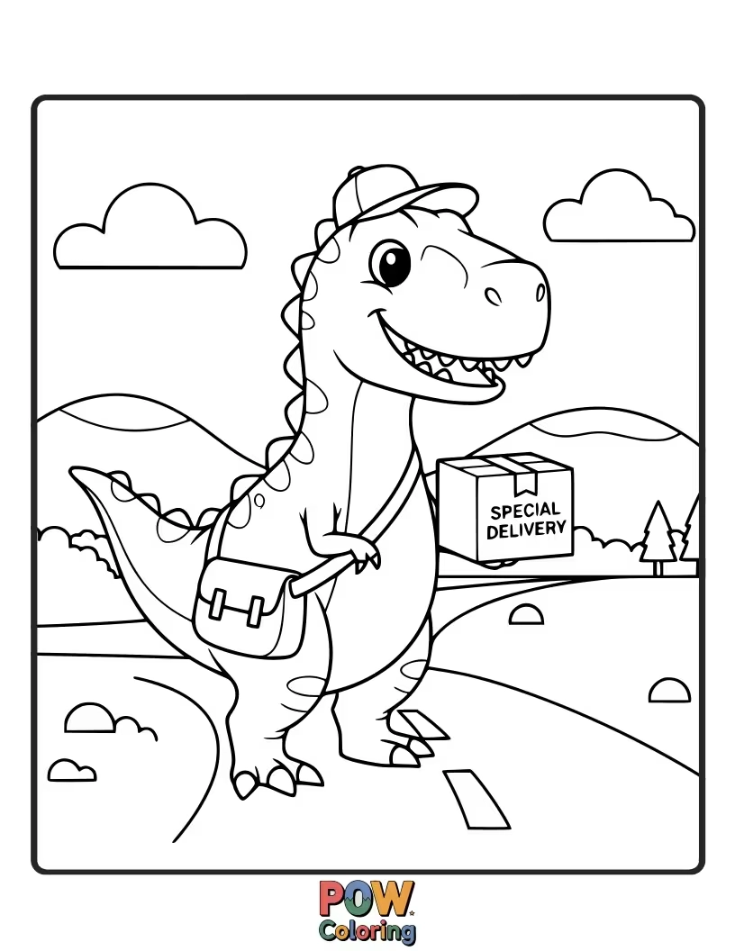 Free coloring page of A Stegosaurus wearing a cap is delivering pizza, hoping for a colorful tip!