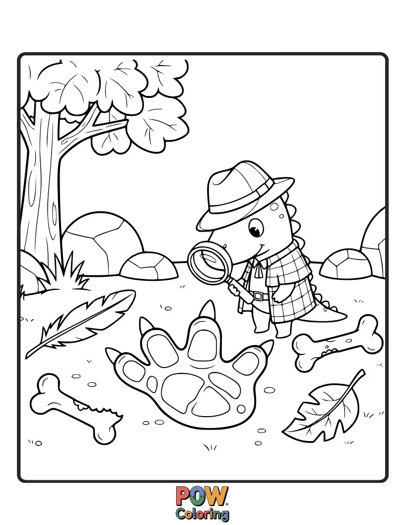 Free coloring page of A Pterodactyl is examining footprints with a magnifying glass, on the hunt for clues.