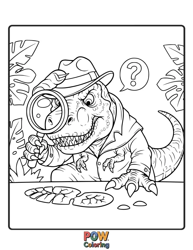 Free coloring page of A T-Rex is wearing a fedora and trench coat, looking mysterious and cool.