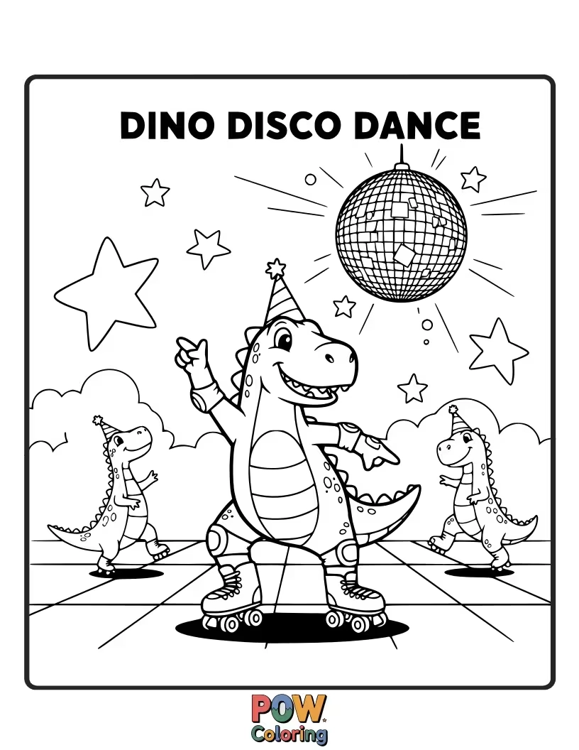 Free coloring page of This T-Rex is busting out some groovy moves on the dance floor, ready for some vibrant colors.