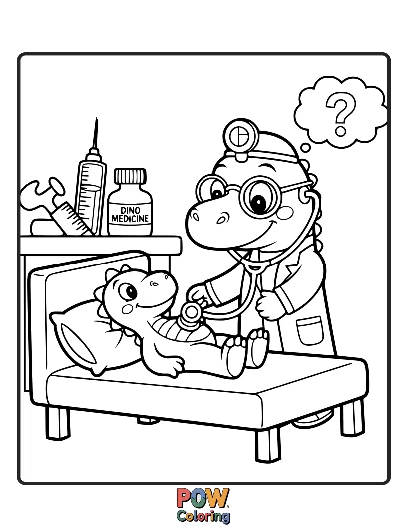 Free coloring page of A Parasaurolophus is listening to a dinosaur patient's heartbeat with a stethoscope.