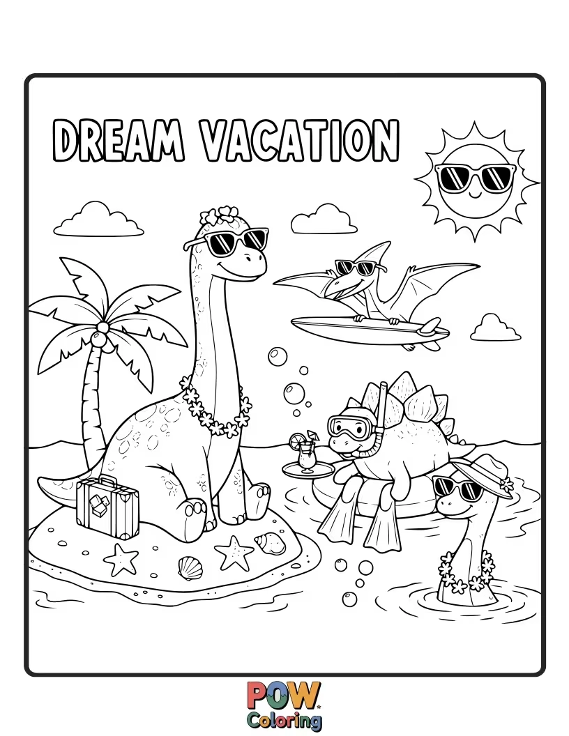 Free coloring page of A T-Rex is relaxing in a hammock on a tropical island, sipping a drink.