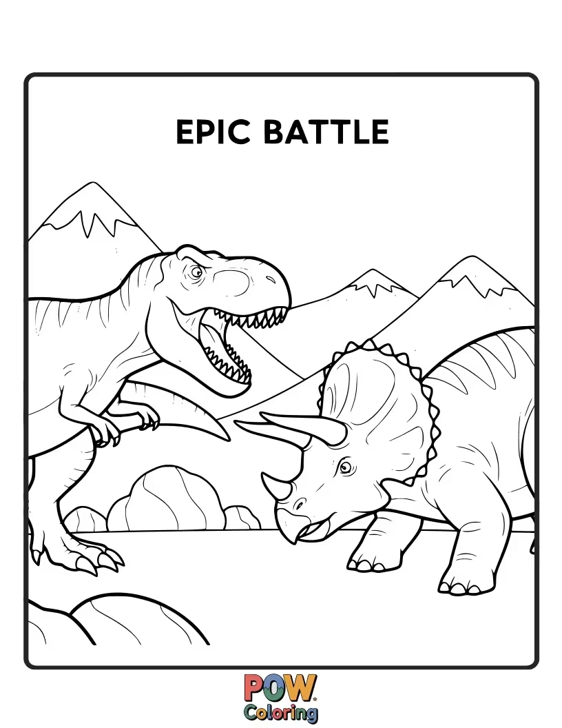 Free coloring page of A Velociraptor is playfully "fighting" a giant rubber duck with a determined look.