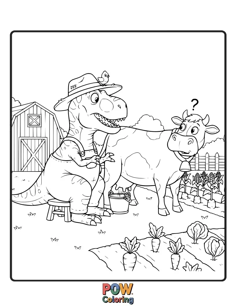 Free coloring page of A Parasaurolophus is trying to milk a very confused-looking dinosaur cow.