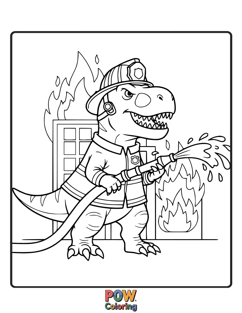 Free coloring page of An Ankylosaurus is bravely dousing a small, cartoonish fire with a hose.