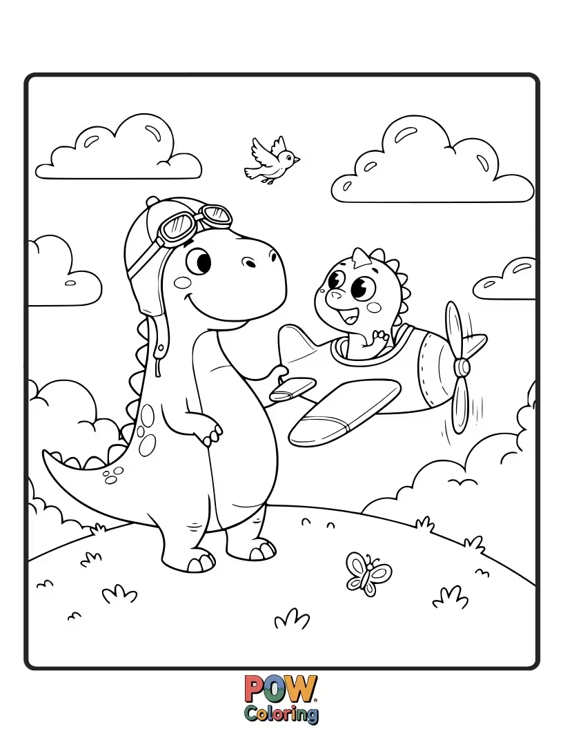 Free coloring page of A Pterodactyl is giving flying lessons to a very nervous, wobbly dinosaur student.