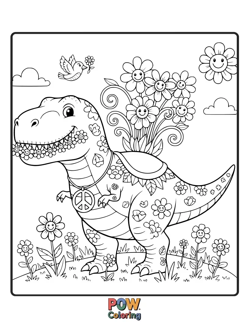 Free coloring page of A Stegosaurus is wearing a daisy crown and spreading peace and love.