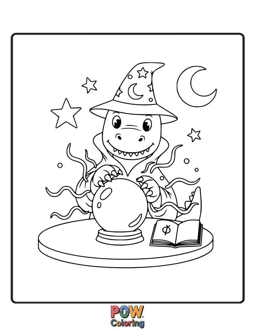 Free coloring page of A Parasaurolophus is peering into a crystal ball, predicting silly futures.