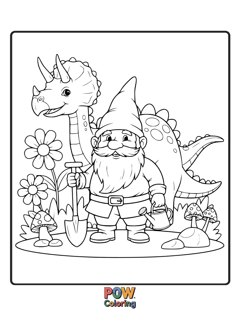 Free coloring page of A T-Rex is protectively standing guard over a collection of tiny garden gnomes.