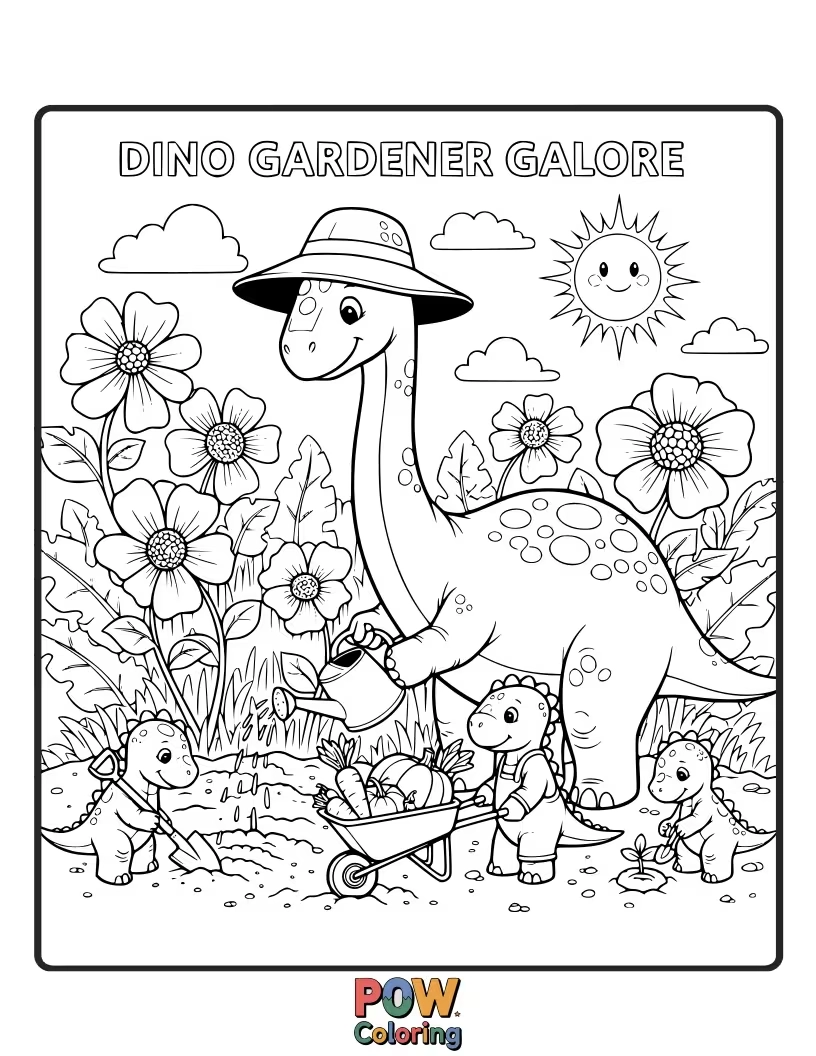 Free coloring page of A Parasaurolophus is tending a garden with oversized flowers and a watering can.