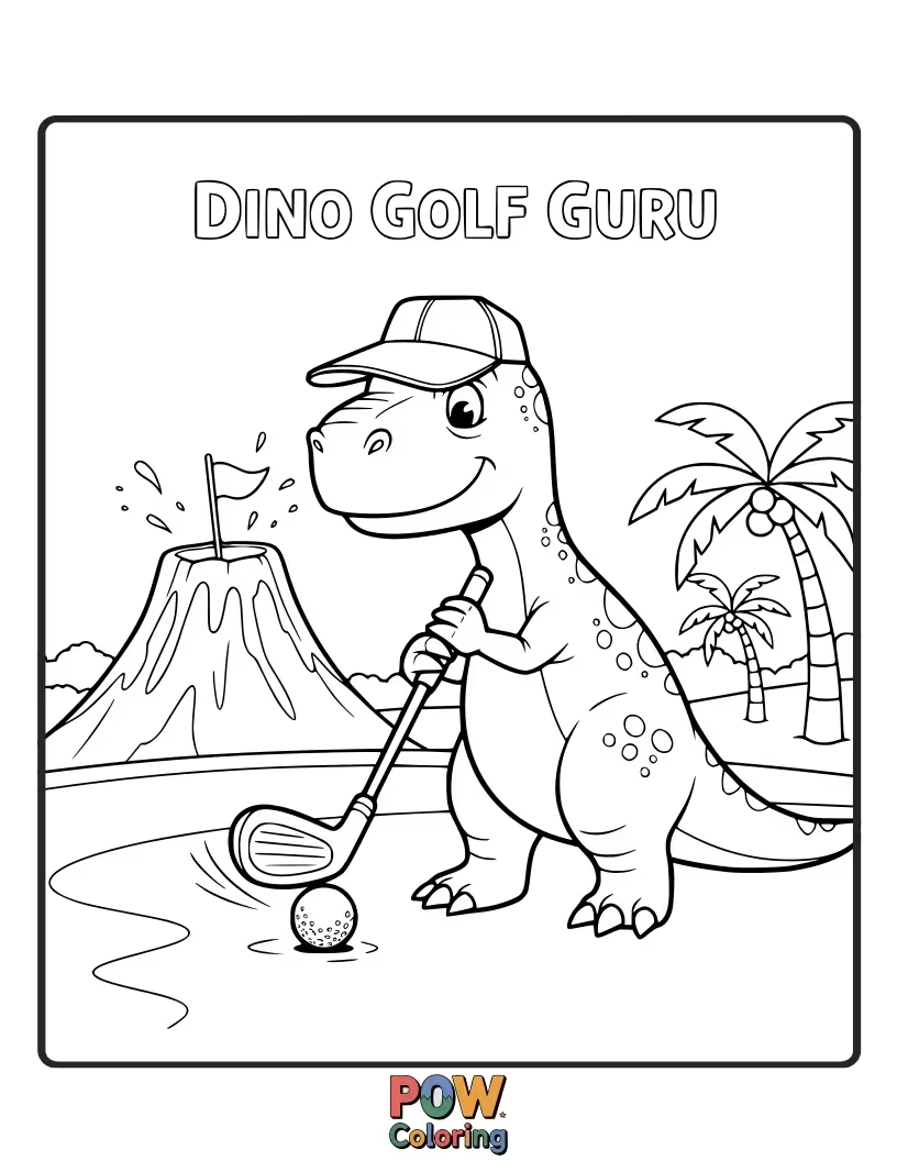 Free coloring page of A Triceratops is attempting a tricky golf putt with a comically oversized club.