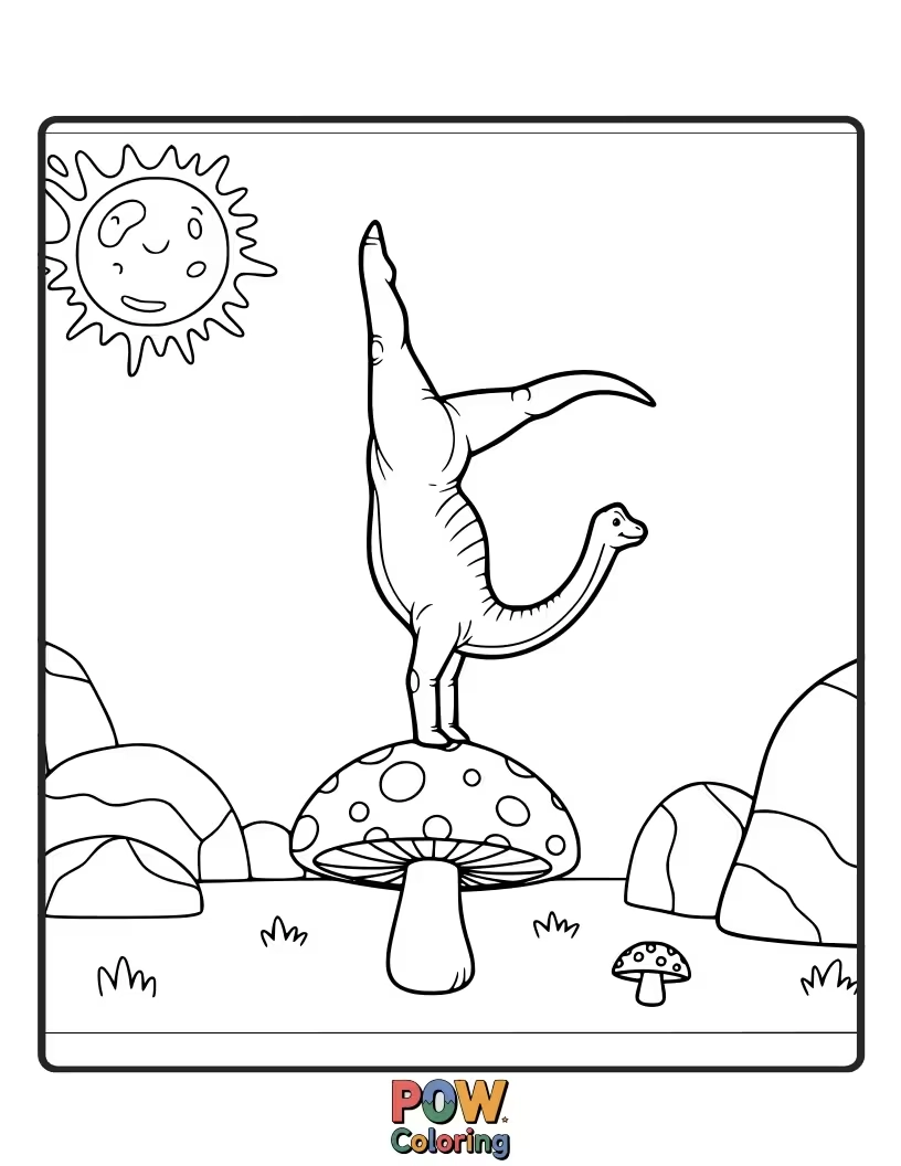 Free coloring page of A Velociraptor is performing an impressive gymnastics routine on a balance beam.
