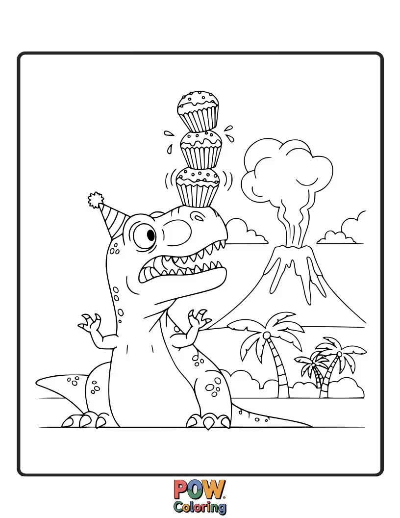 Free coloring page of A T-Rex is slipping on a banana peel, arms flailing comically.
