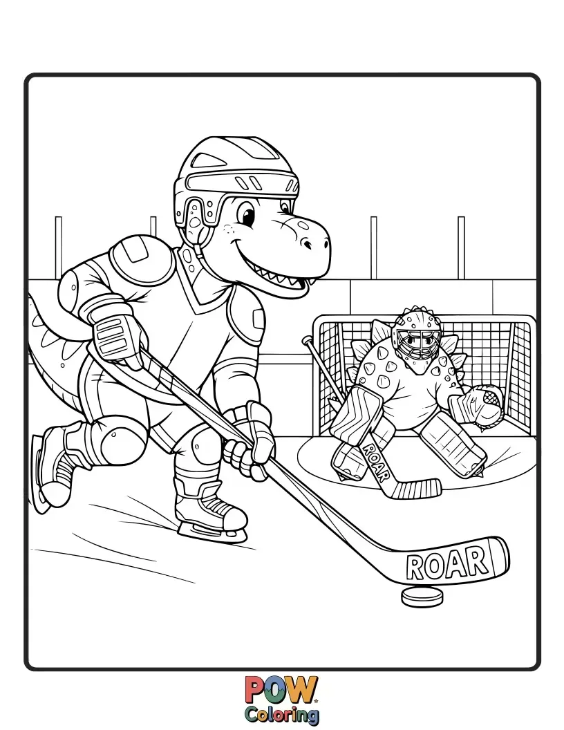 Free coloring page of A playful T-Rex in skates attempting to hit a fossilized puck with its tiny arms, looking comically clumsy. Prehistoric fun!