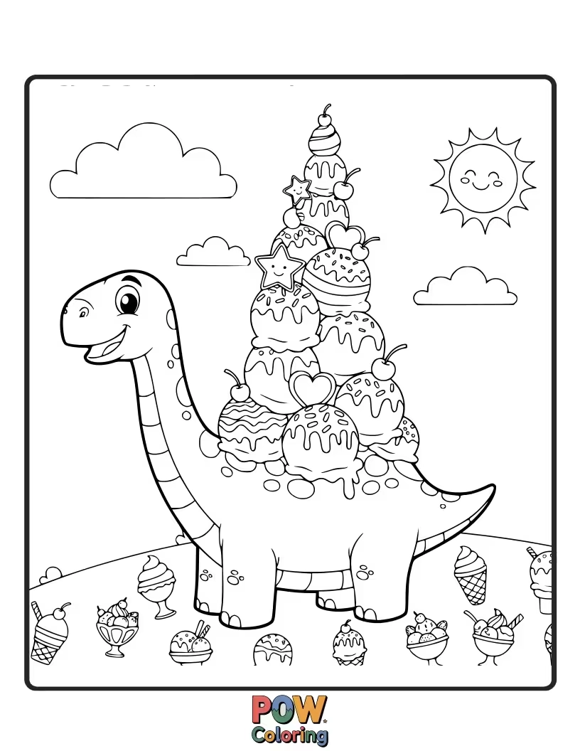 Free coloring page of A Brontosaurus is happily licking a ridiculously huge ice cream cone.