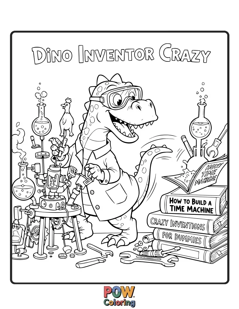 Free coloring page of A Compsognathus is tinkering with a wacky contraption, gears and sparks flying everywhere.