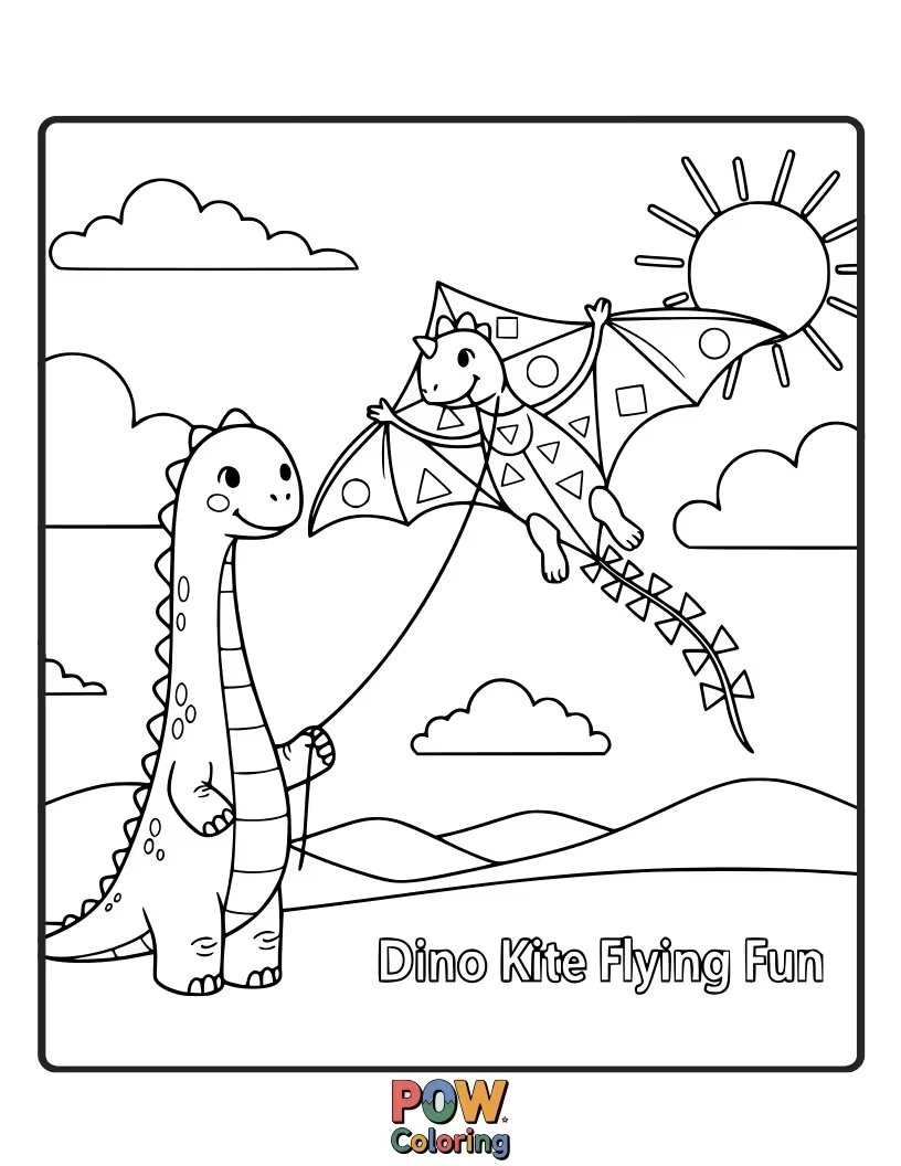 Free coloring page of A Velociraptor is joyfully flying a giant, colorful kite on a windy day.