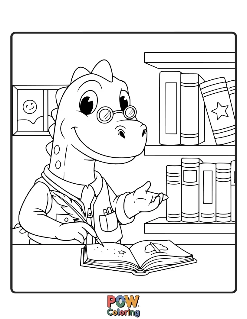 Free coloring page of An Ankylosaurus is carefully stacking a towering pile of ancient scrolls.