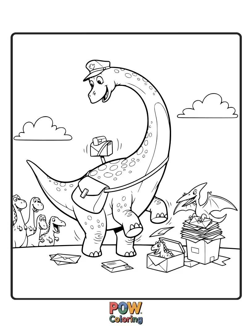 Free coloring page of A Gallimimus is struggling to deliver a giant package, almost tripping.