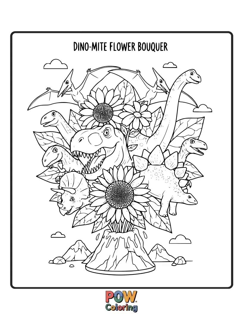 Free coloring page of Roaring good fun! A bouquet of prehistoric plants with adorable little dinosaurs hiding.
