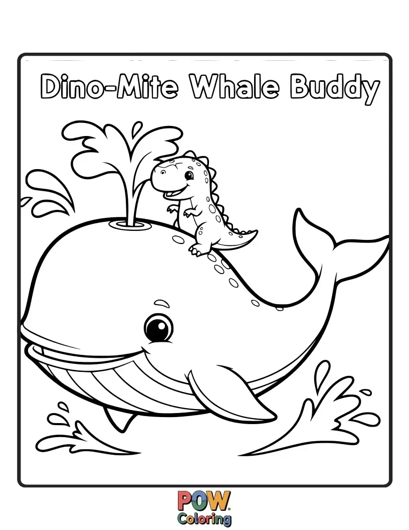 Free coloring page of A friendly whale wearing a tiny dinosaur hat, ready for an underwater adventure with a playful grin.