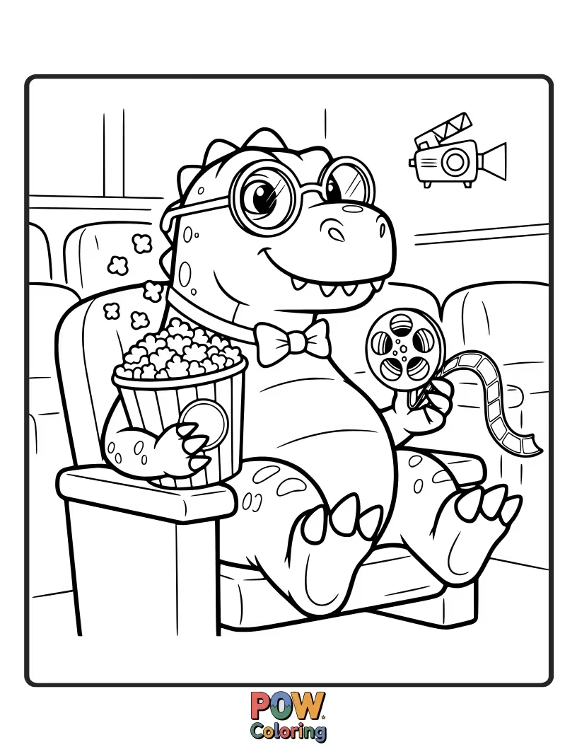 Free coloring page of A Stegosaurus is enjoying popcorn and soda while watching a movie on a giant screen.