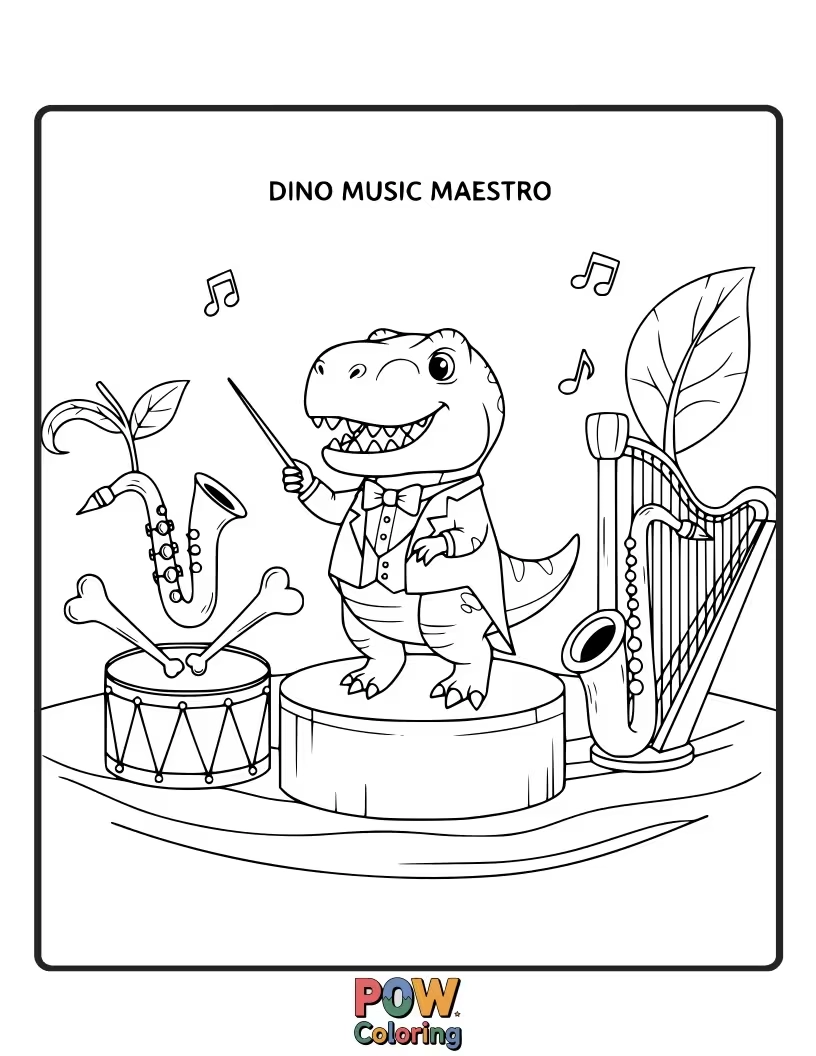 Free coloring page of A Parasaurolophus is conducting an orchestra of tiny, squeaking dinosaurs.