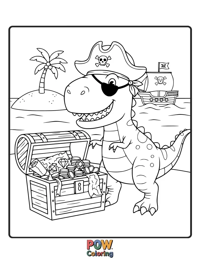 Free coloring page of A Stegosaurus is digging for buried treasure, a map in its claw.
