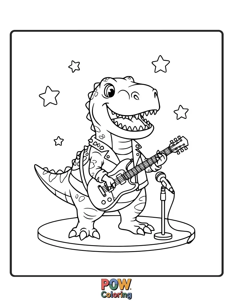 Free coloring page of This Diplodocus is shredding on a guitar, surrounded by screaming dinosaur fans.