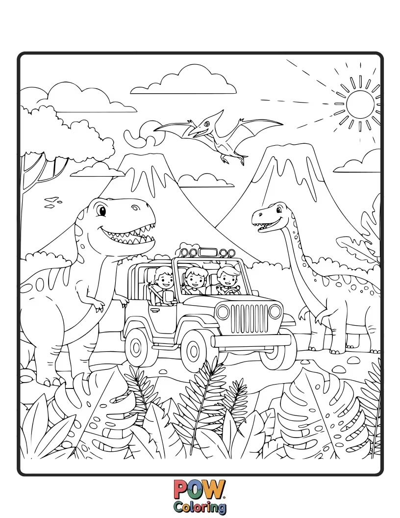 Free coloring page of A Velociraptor is wearing binoculars and excitedly spotting other dinosaurs on a "safari."